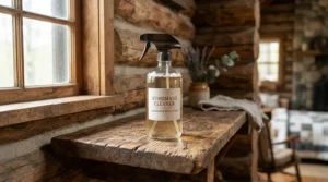 A rustic wooden setting featuring a warm premium room spray for cottage country living.