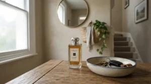 A refreshing premium room spray placed on an entryway console table to welcome guests in a Montreal home.