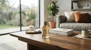 A sleek bottle of premium room spray resting on a modern coffee table in a cozy Vancouver apartment.