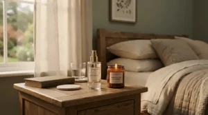 A minimalist glass bottle of rated premium room spray placed on a bedside table during a tranquil winter evening in Toronto.