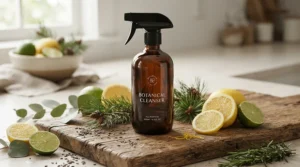 Illustrating rich fragrance notes, a rated premium room spray is displayed with citrus peel and pine needles in a Montreal loft.