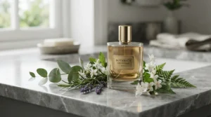 A high-rated luxury spray presented beside fresh cedar boughs to highlight a rated premium room spray for Canadian homes.
