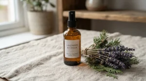 A premium home fragrance spray bottle shown with organic lavender and pine elements, exemplifying a rated premium room spray.
