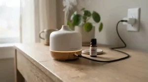 A rechargeable scent diffuser connected to a modern charging cable on a minimalist side table.