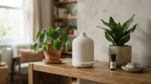 A sleek rechargeable scent diffuser sitting on a wooden living room shelf next to potted plants in a cozy Canadian home.