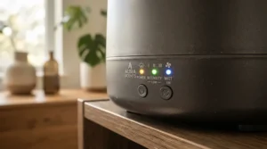 Close-up of a rechargeable scent diffuser showing glowing battery indicator lights in a modern hallway.