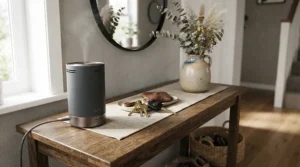 A stylish cordless scent diffuser welcoming guests on an entryway console table with a small vase.