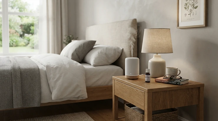 A travel-friendly cordless scent diffuser sitting on a nightstand in a cozy hotel room.