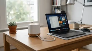 A compact USB rechargeable scent diffuser operating on a tidy home office desk with a laptop.