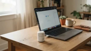 A sleek USB scent diffuser for desk use sitting next to a laptop in a tidy home office setup.