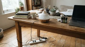 A USB scent diffuser for desk placement showing an extended cable reaching a wall adapter.