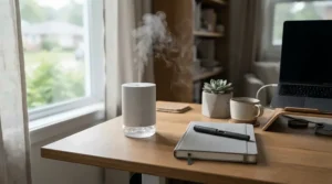 A low-power USB scent diffuser for desk environment diffusing a gentle mist during work hours.