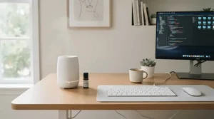 A minimalist USB scent diffuser for desk organization featuring clean lines and neutral tones.