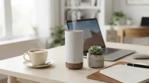 A stylish USB scent diffuser for desk styling surrounded by small indoor plants and stationery.