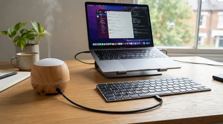 Close-up of a mini USB scent diffuser for desk plugged directly into a computer port.
