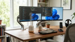 A portable USB scent diffuser for desk arrangement in a cozy remote work corner.