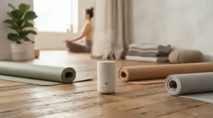 A wireless cordless scent diffuser placed on the floor during a peaceful yoga and meditation session.