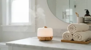 A cordless rechargeable scent diffuser refreshing a contemporary bathroom vanity during morning routine.